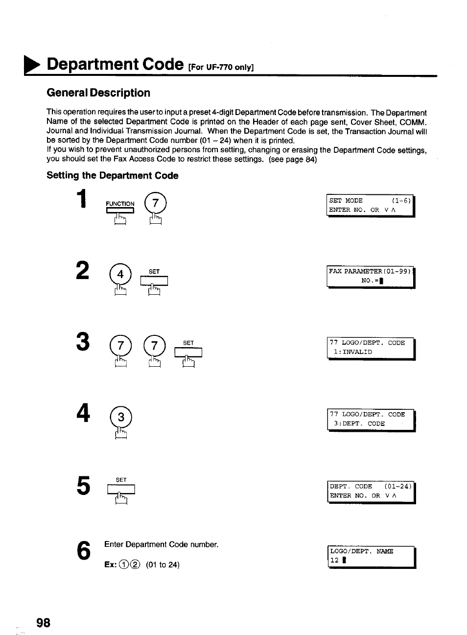 Setting the department code, Department code | Panasonic PANAFAX UF-550 User Manual | Page 100 / 180