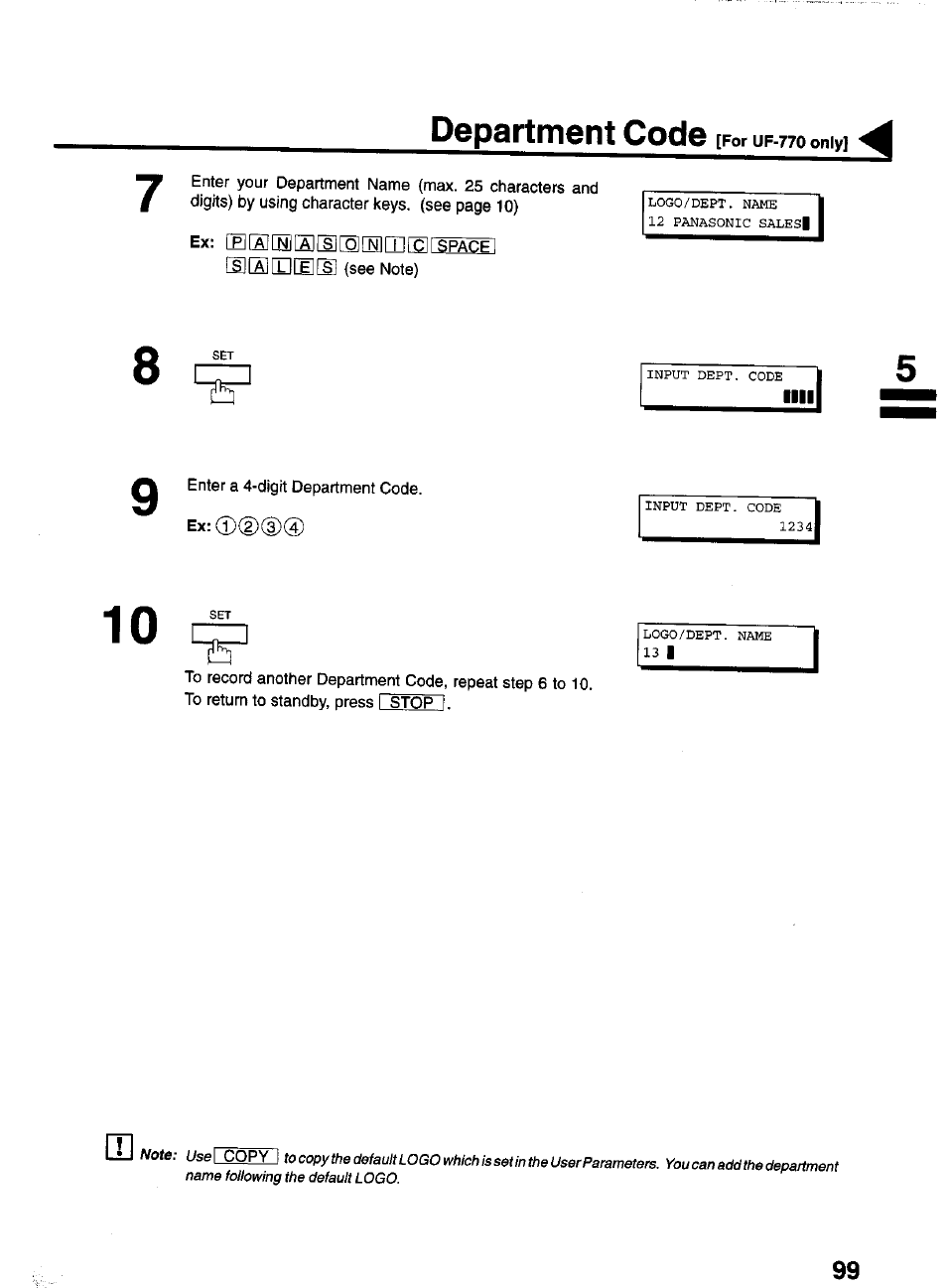 Department code, Sleleillil | Panasonic PANAFAX UF-550 User Manual | Page 101 / 180