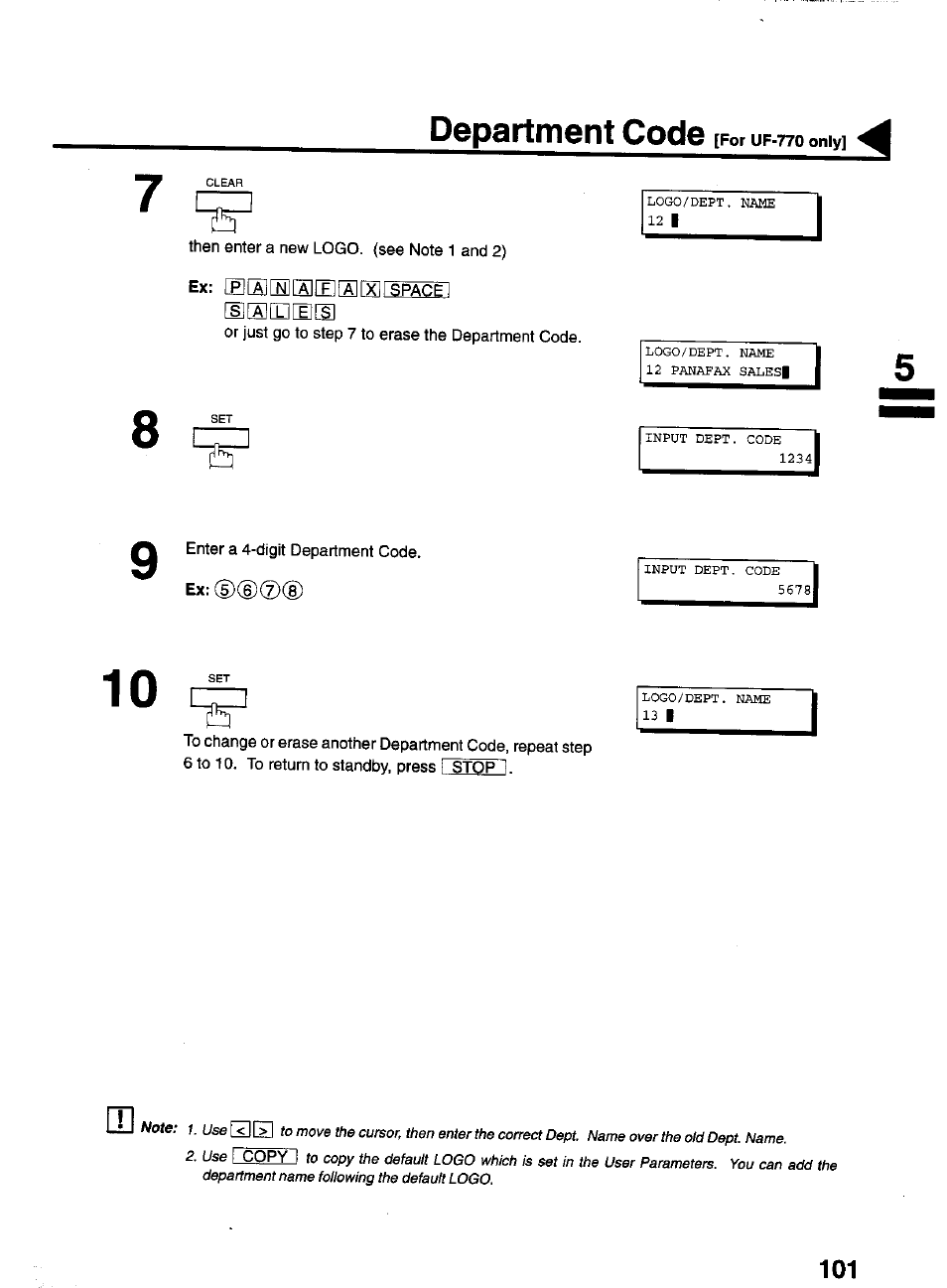 Department code, D)® ®(d | Panasonic PANAFAX UF-550 User Manual | Page 103 / 180