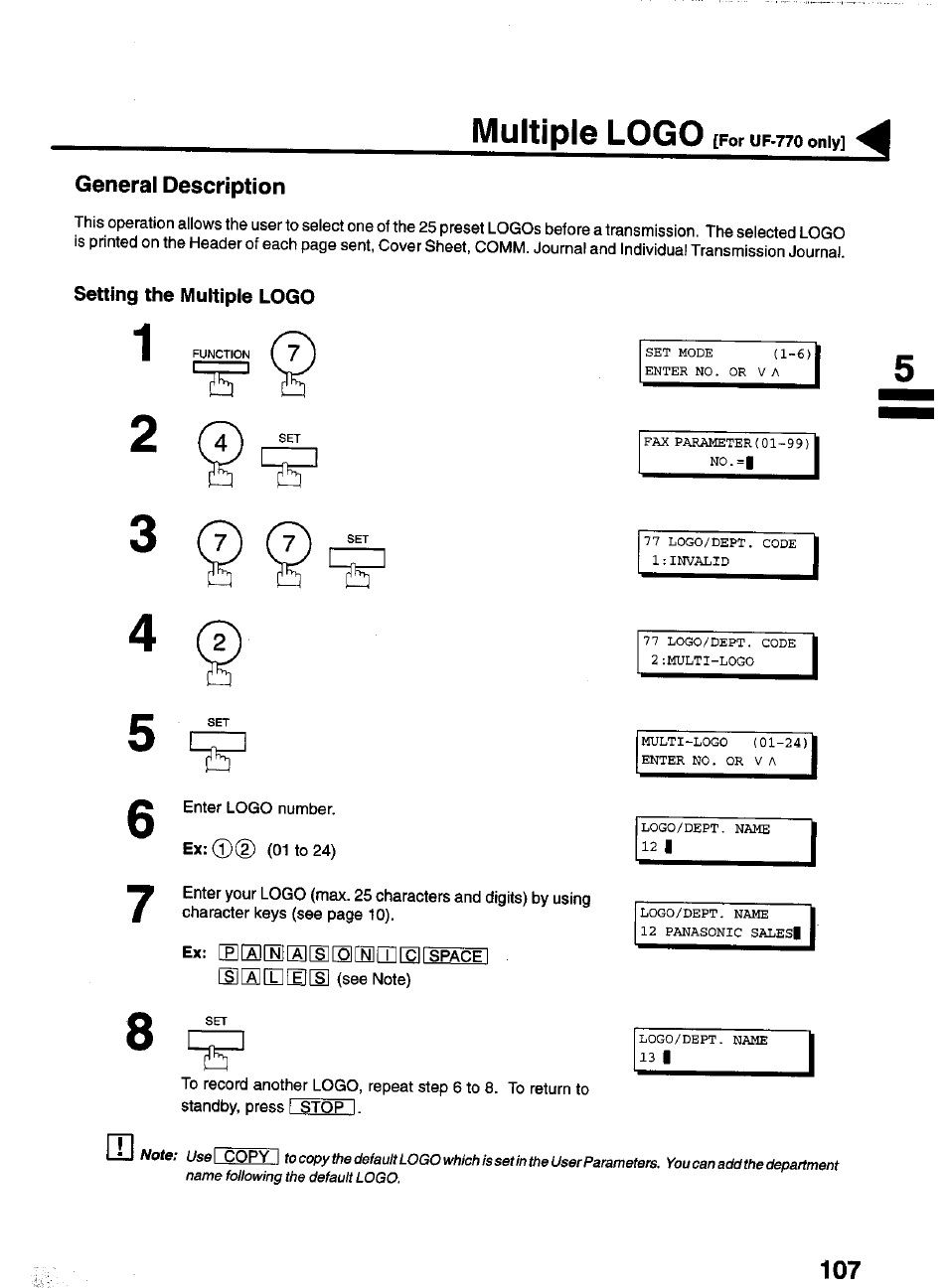 Setting the multiple logo, Multipig logo | Panasonic PANAFAX UF-550 User Manual | Page 109 / 180