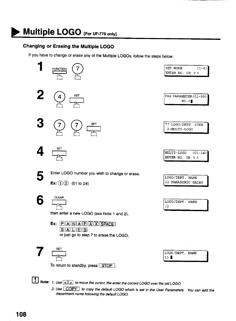 Changing or erasing the multiple logo, Ex: l^rainirarpirailcirspacel, Multiple logo | Panasonic PANAFAX UF-550 User Manual | Page 110 / 180