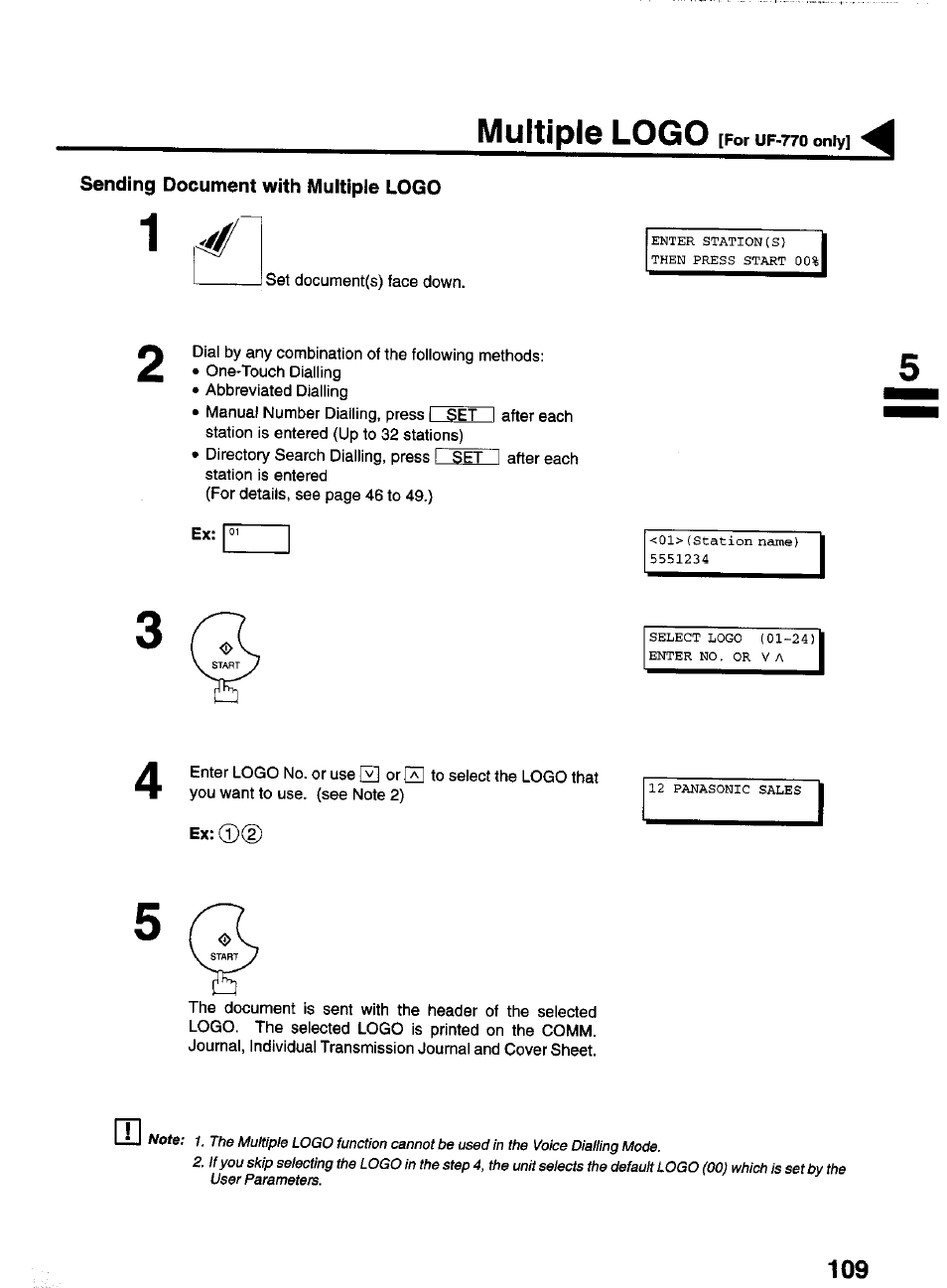 Sending document with multiple logo, Ex:©(d, Multipl6 logo | Panasonic PANAFAX UF-550 User Manual | Page 111 / 180