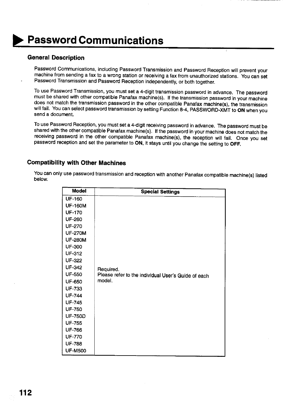 General description, Compatibility with other machines, Model | Special settings, Password communications | Panasonic PANAFAX UF-550 User Manual | Page 114 / 180