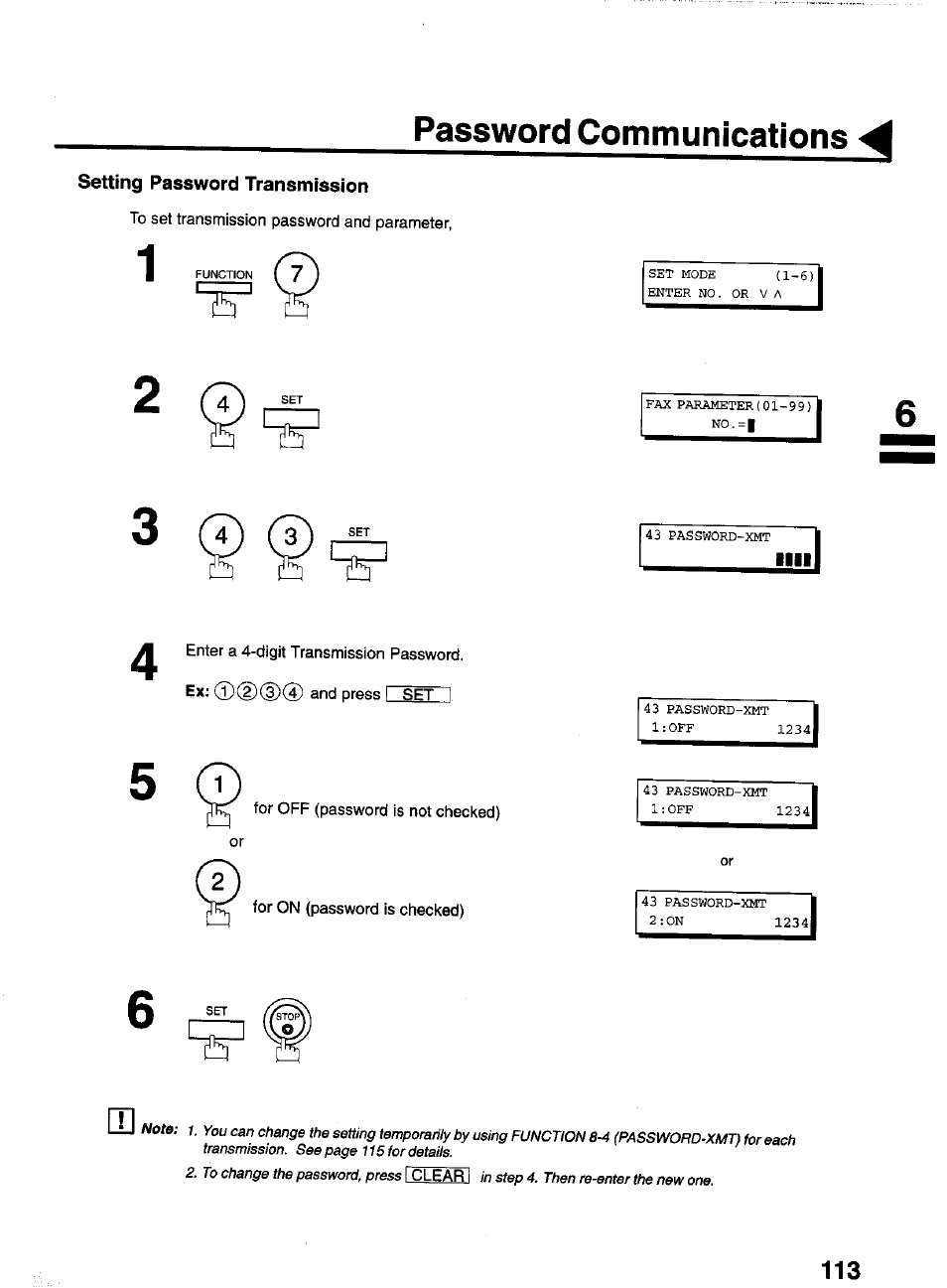 Setting password transmission, Password communications | Panasonic PANAFAX UF-550 User Manual | Page 115 / 180