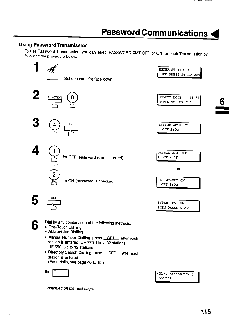 Using password transmission, Password communications | Panasonic PANAFAX UF-550 User Manual | Page 117 / 180