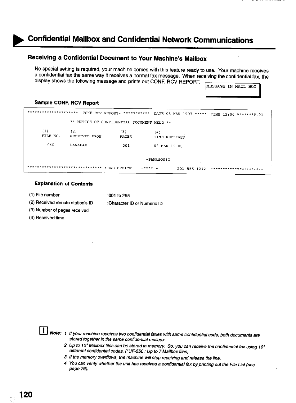 Sample conf. rcv report, Explanation of contents | Panasonic PANAFAX UF-550 User Manual | Page 122 / 180