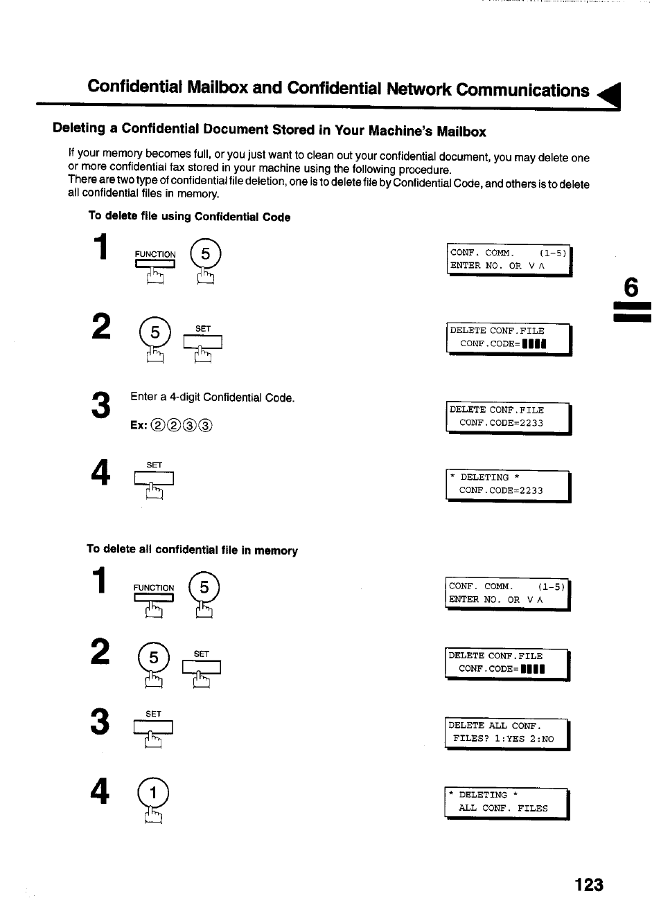 To delete file using confidential code, To delete all confidential file in memory, D(1)(d(d | Panasonic PANAFAX UF-550 User Manual | Page 125 / 180