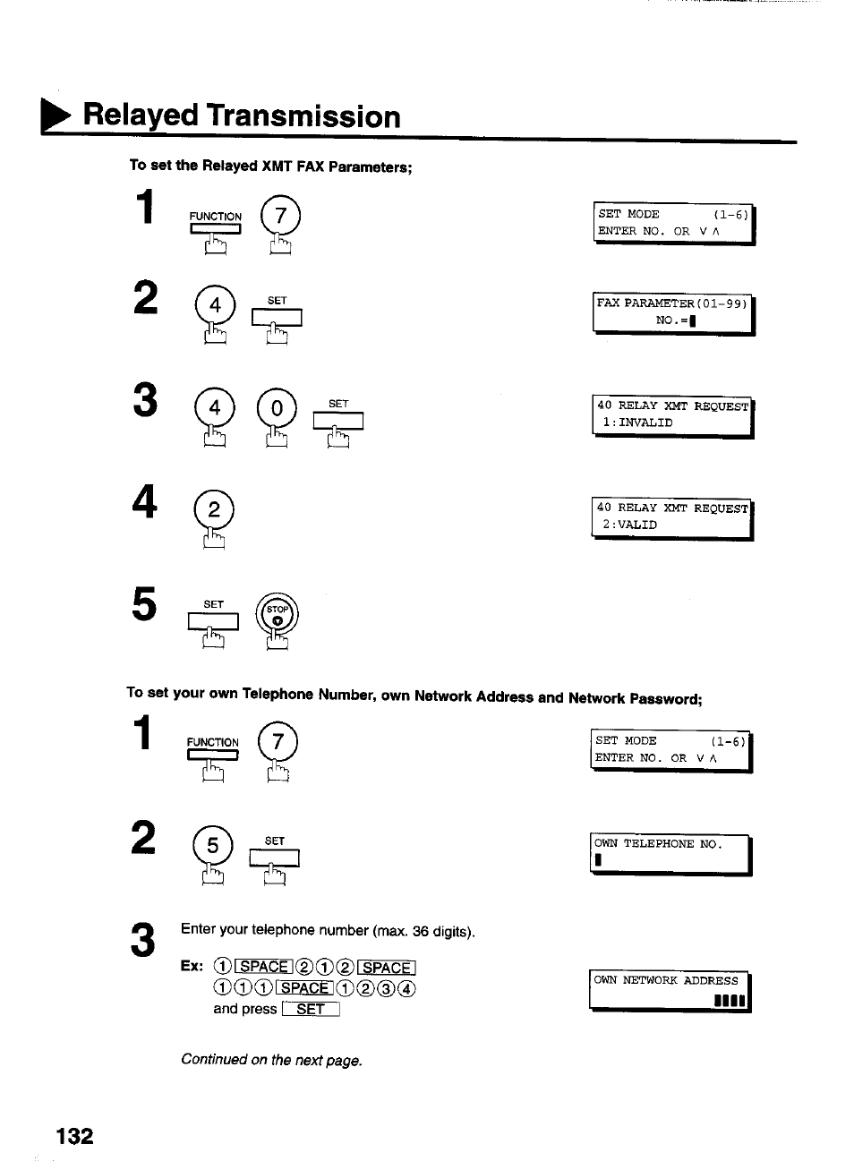 To set the relayed xmt fax parameters, Relayed transmission | Panasonic PANAFAX UF-550 User Manual | Page 134 / 180