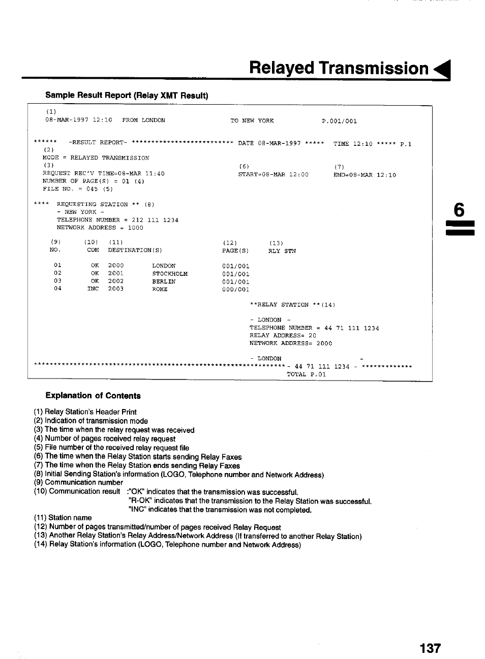 Sample result report (relay xmt result), Explanation of contents, Relayed transmission | Panasonic PANAFAX UF-550 User Manual | Page 139 / 180