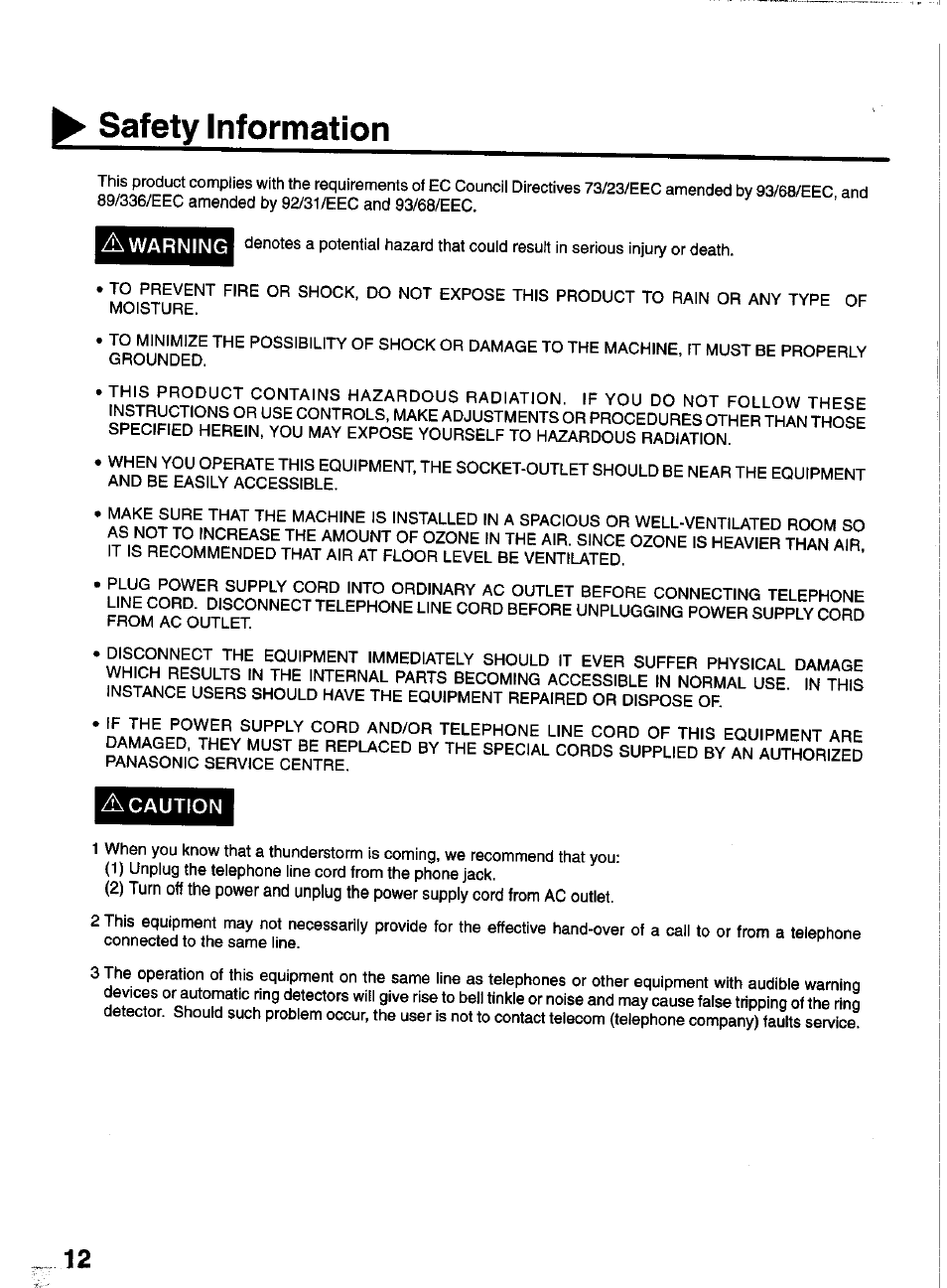 A caution, Safety information | Panasonic PANAFAX UF-550 User Manual | Page 14 / 180