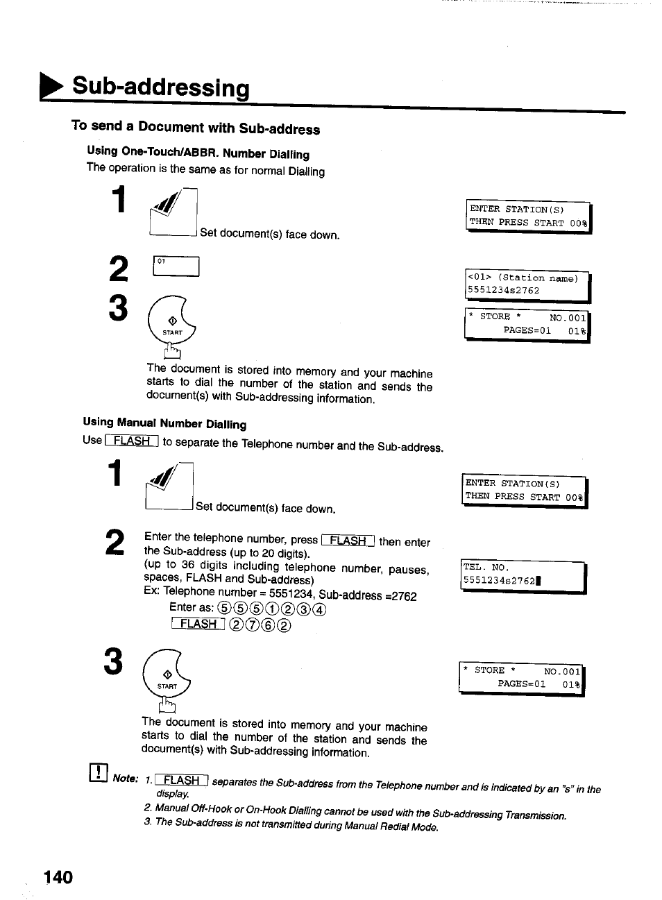 To send a document with sub-address, Using one-touch/abbr. number dialling, Using manual number dialling | Sub-addressing, Lfjasili | Panasonic PANAFAX UF-550 User Manual | Page 142 / 180