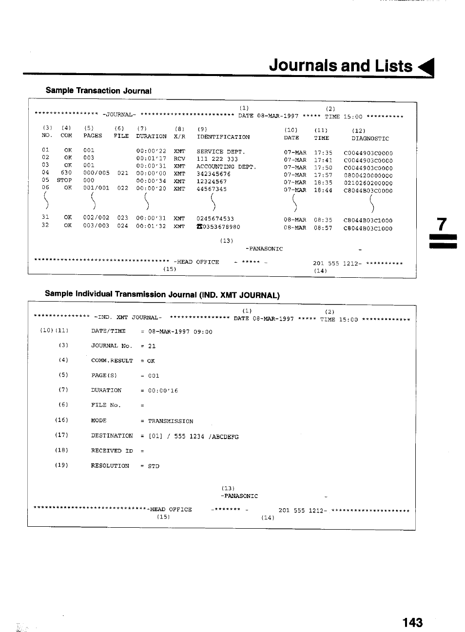 Sample transaction journal, Journals and lists | Panasonic PANAFAX UF-550 User Manual | Page 145 / 180