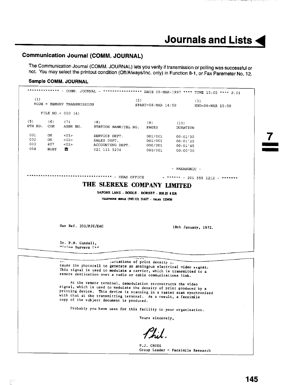 Communication journal (comm. journal), Sample comm. journal, The slerexe company limited | Journals and lists | Panasonic PANAFAX UF-550 User Manual | Page 147 / 180