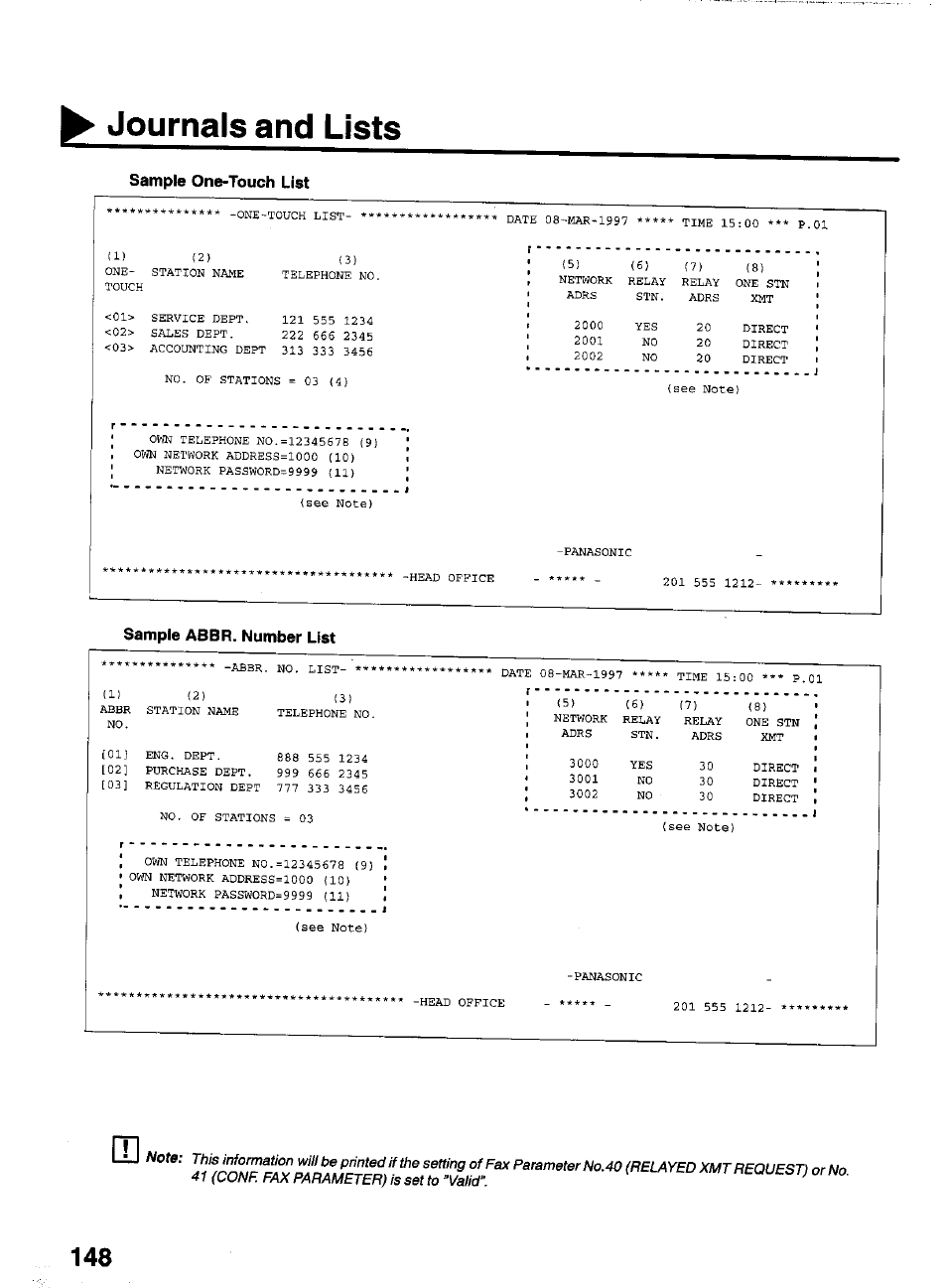 Sample one-touch list, Sample abbr. number list, Journals and lists | Panasonic PANAFAX UF-550 User Manual | Page 150 / 180