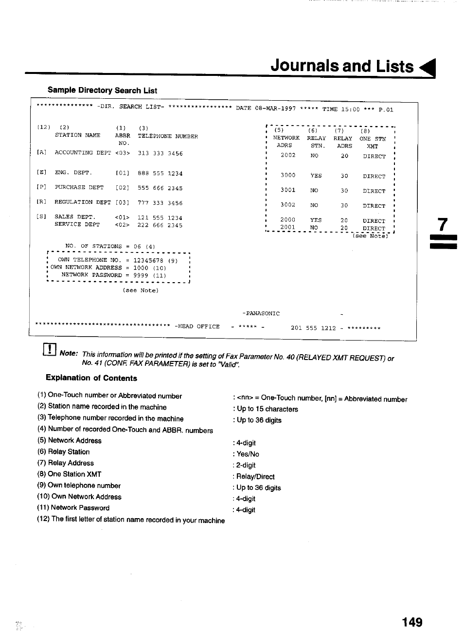 Sample directory search list, Journals and lists | Panasonic PANAFAX UF-550 User Manual | Page 151 / 180