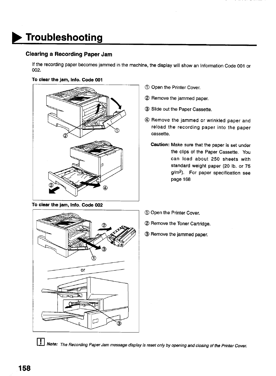 Clearing a recording paper jam, Troubleshooting | Panasonic PANAFAX UF-550 User Manual | Page 160 / 180