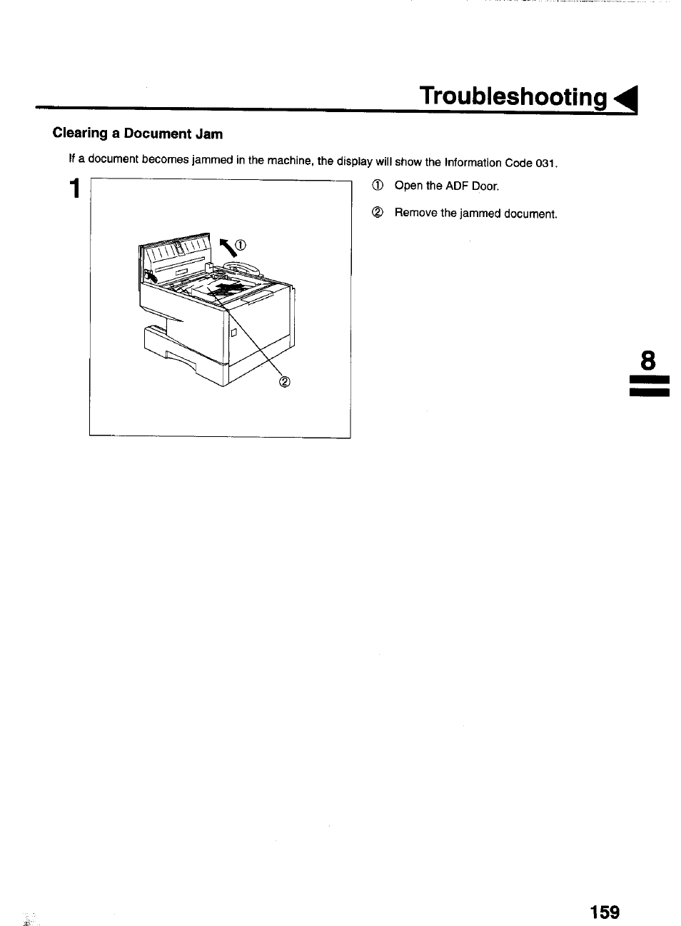 Clearing a document jam, Troubleshooting | Panasonic PANAFAX UF-550 User Manual | Page 161 / 180