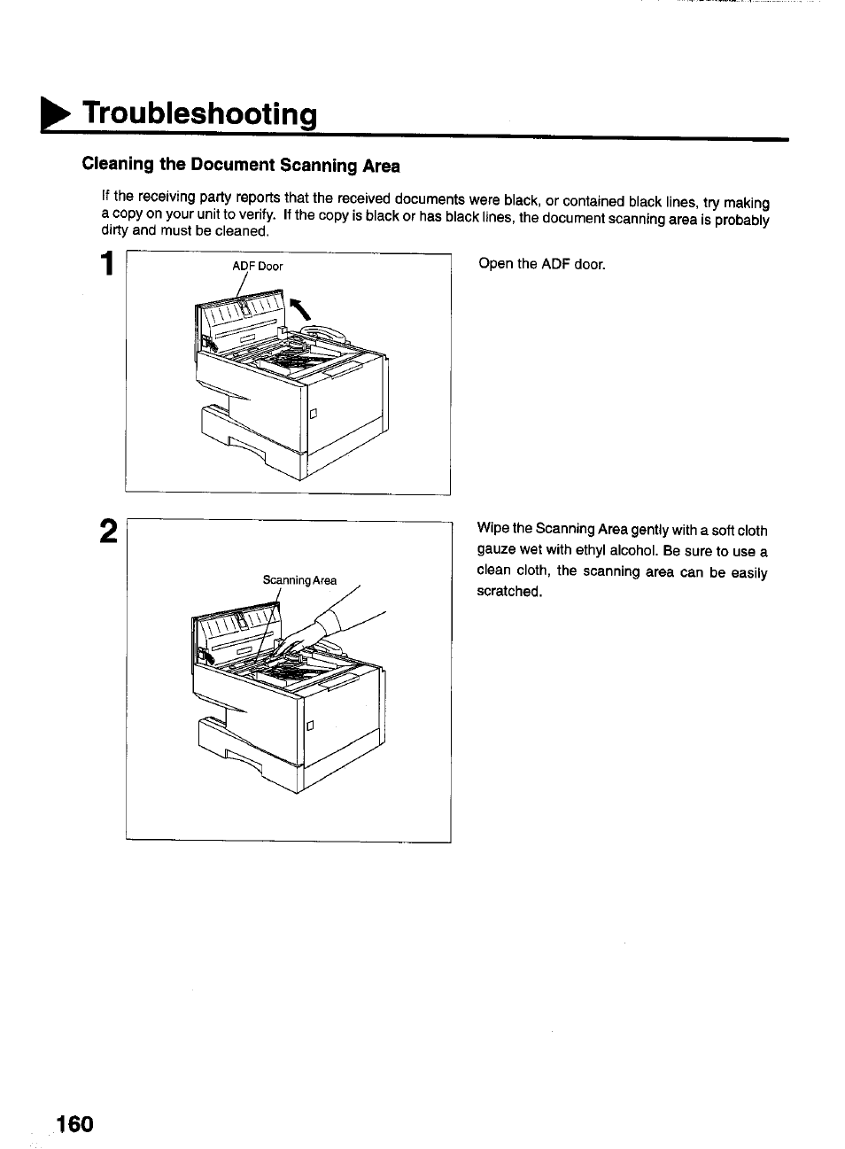 Cleaning the document scanning area, Troubleshooting | Panasonic PANAFAX UF-550 User Manual | Page 162 / 180