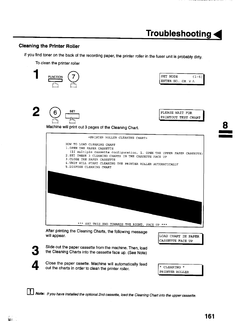 Cleaning the printer roller, Troubleshooting | Panasonic PANAFAX UF-550 User Manual | Page 163 / 180