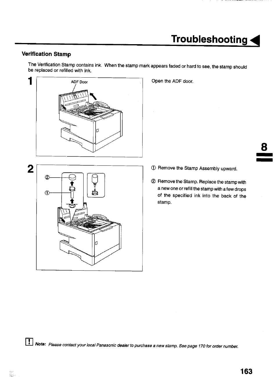 Verification stamp, Troubleshooting | Panasonic PANAFAX UF-550 User Manual | Page 165 / 180