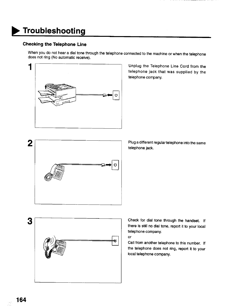 Checking the telephone line, Troubleshooting | Panasonic PANAFAX UF-550 User Manual | Page 166 / 180