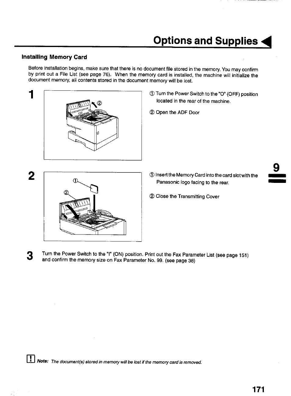 Installing memory card, Options and supplies | Panasonic PANAFAX UF-550 User Manual | Page 173 / 180