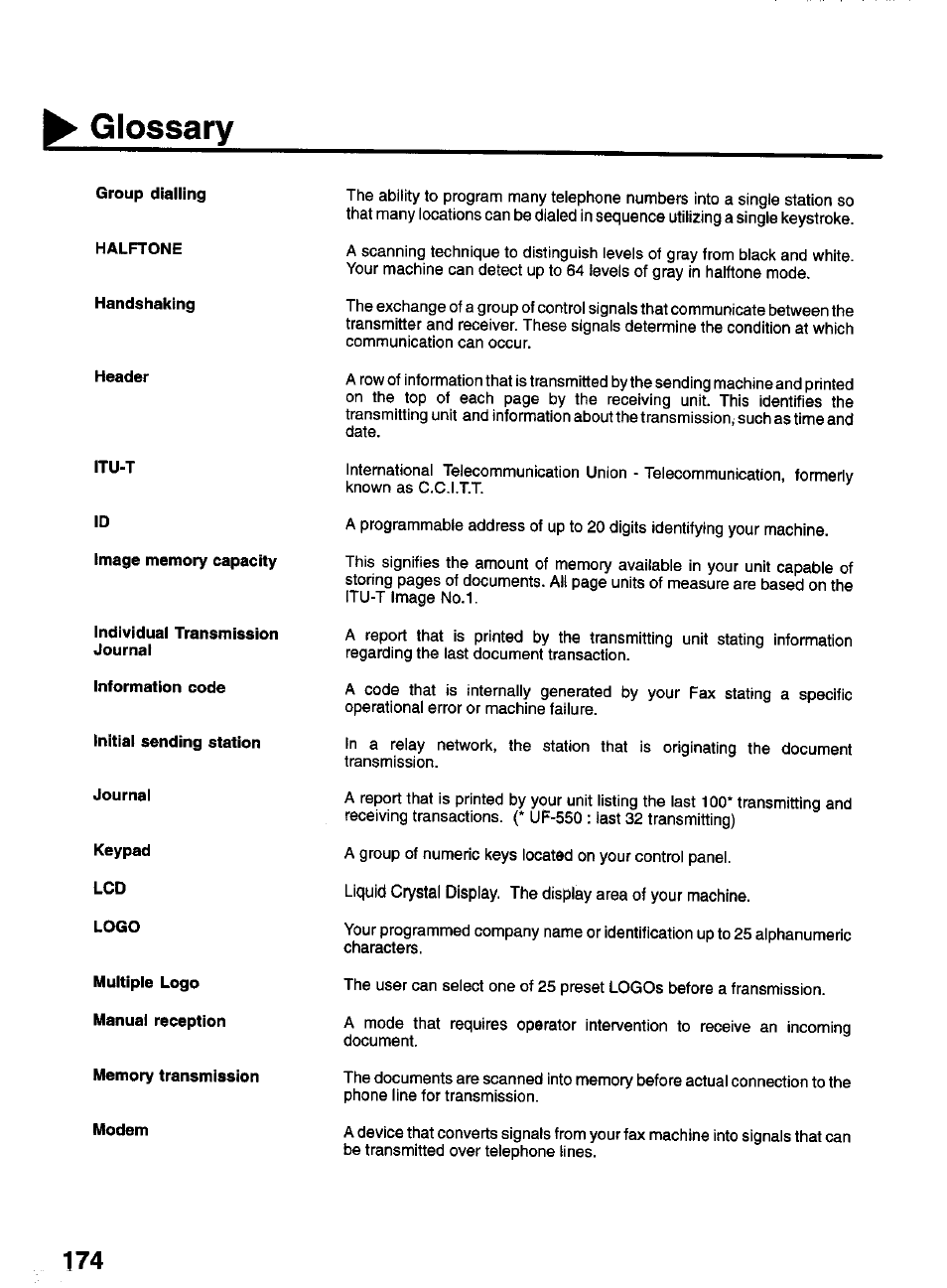 Glossary | Panasonic PANAFAX UF-550 User Manual | Page 176 / 180