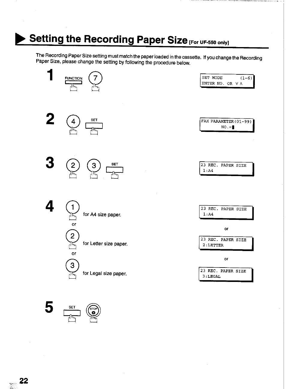 Setting the recording paper si | Panasonic PANAFAX UF-550 User Manual | Page 24 / 180