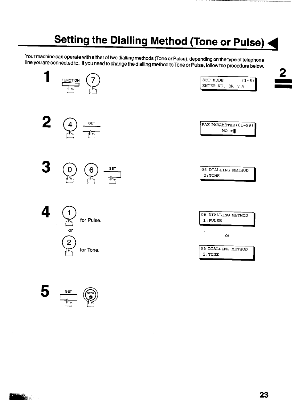 Setting the dialling method (tone or pulse) | Panasonic PANAFAX UF-550 User Manual | Page 25 / 180