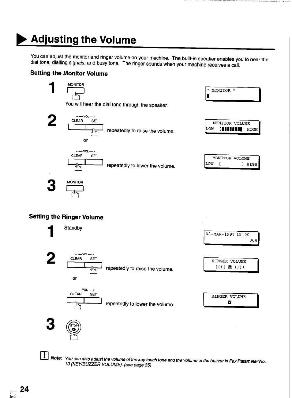 Setting the monitor volume, Setting the ringer volume, Adjusting the volume | Panasonic PANAFAX UF-550 User Manual | Page 26 / 180