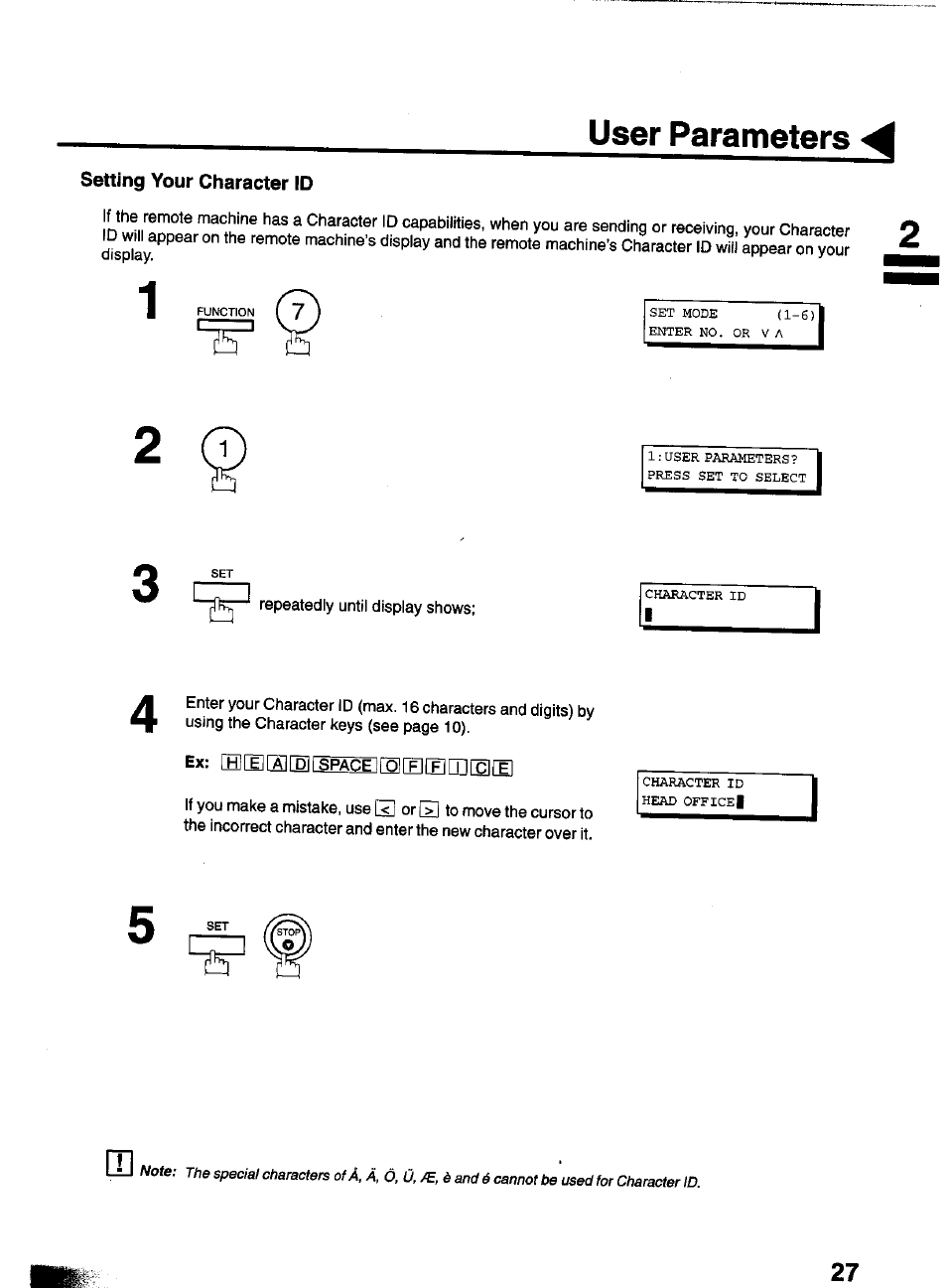 Setting your character id, User parameters | Panasonic PANAFAX UF-550 User Manual | Page 29 / 180