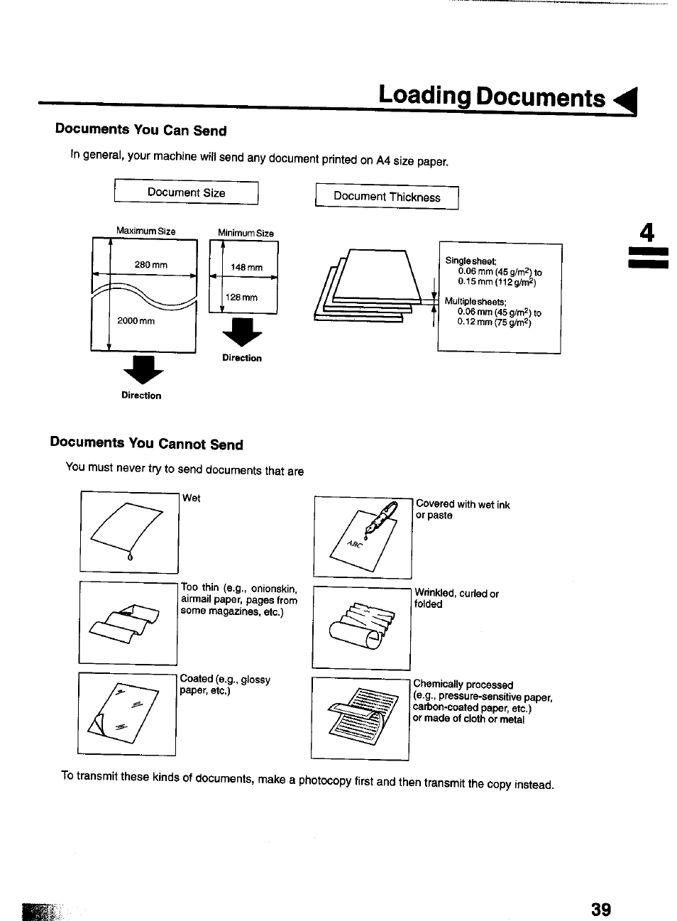 Documents you can send, Documents you cannot send, Loading documents | Panasonic PANAFAX UF-550 User Manual | Page 41 / 180