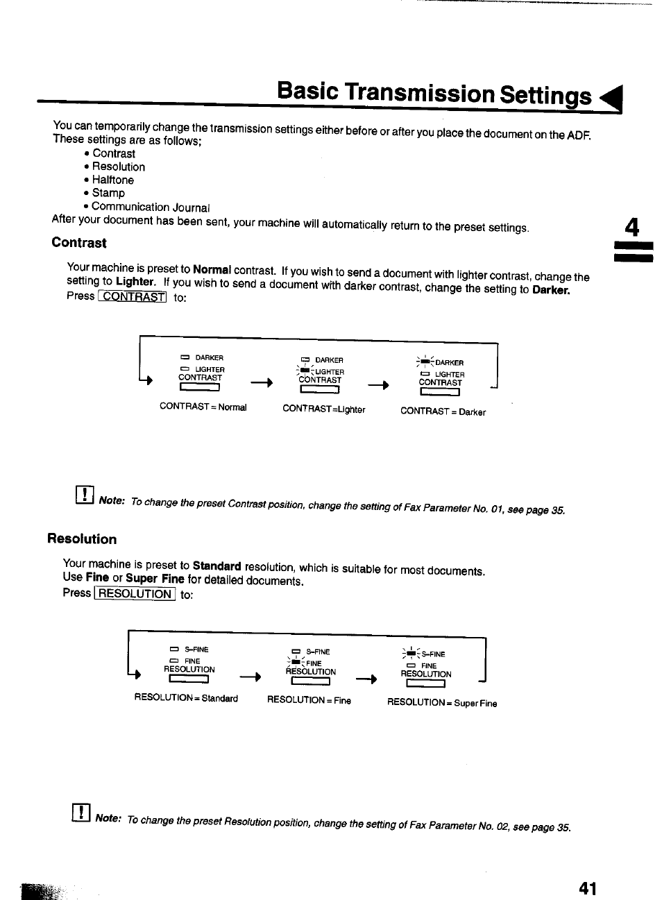 Contrast, Resolution, Basic transmission settings | Panasonic PANAFAX UF-550 User Manual | Page 43 / 180