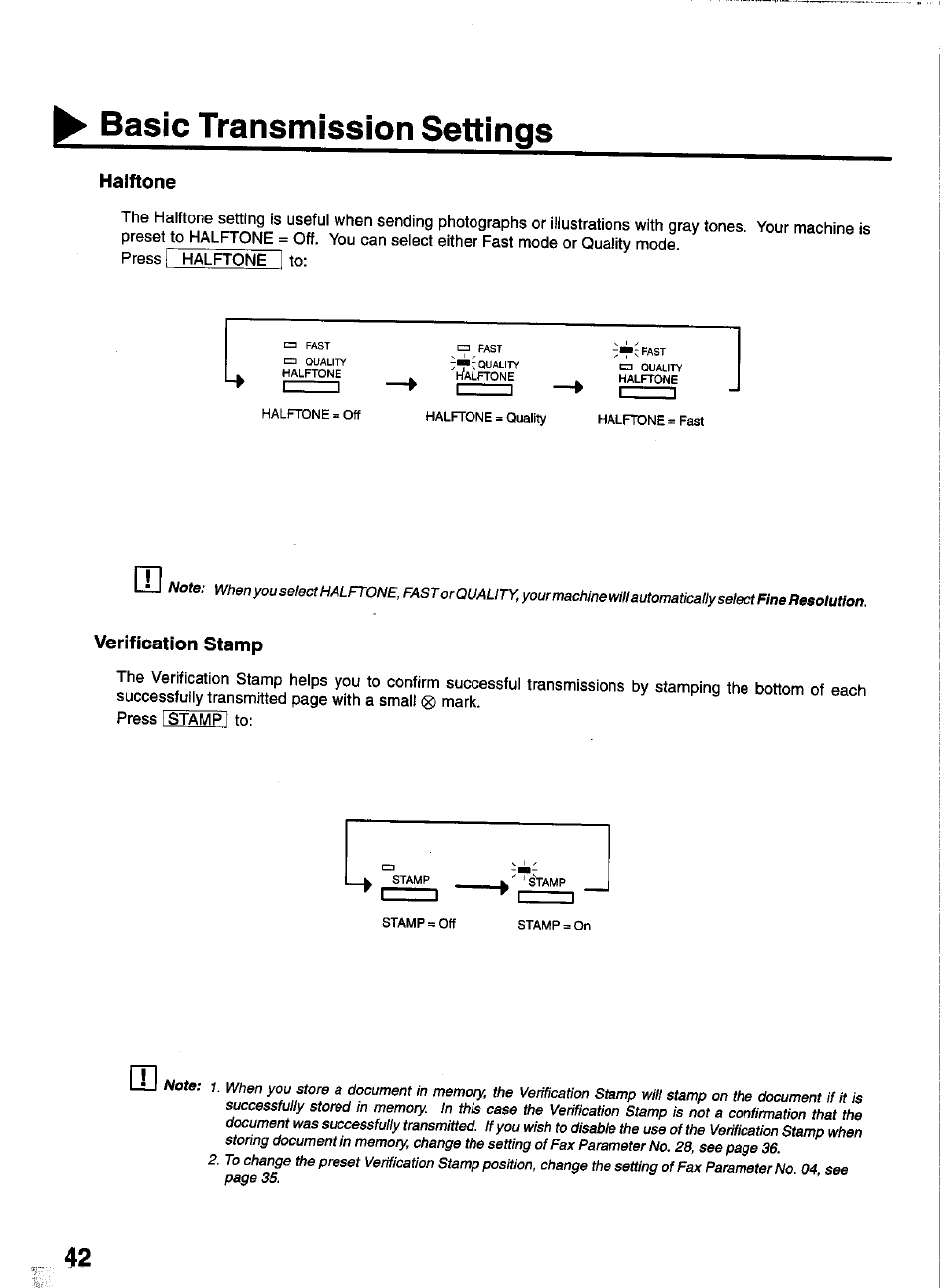 Halftone, Verification stamp, Basic transmission settings | Panasonic PANAFAX UF-550 User Manual | Page 44 / 180