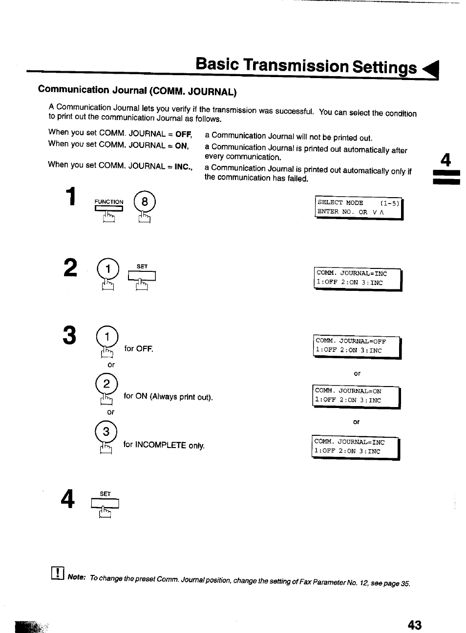 Communication journal (comm. journal), Basic transmission settings | Panasonic PANAFAX UF-550 User Manual | Page 45 / 180