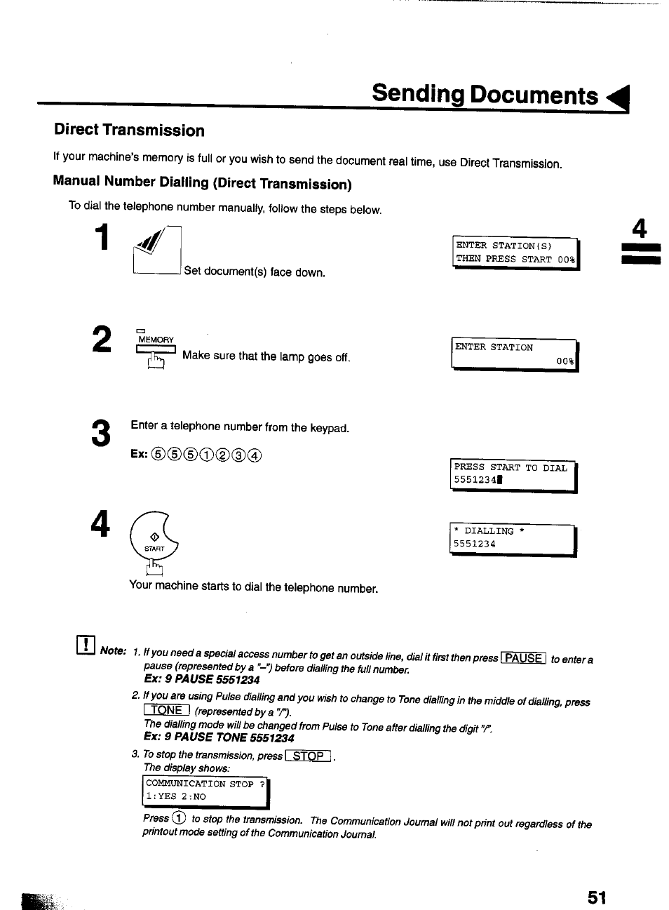 Manual number dialling (direct transmission), Manuai number diaiiing (direct transmission), Sending documents | Panasonic PANAFAX UF-550 User Manual | Page 53 / 180