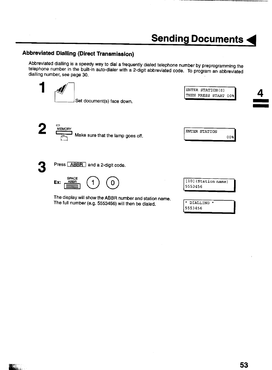 Abbreviated dialling (direct transmission), Abbreviated diaiiing (direct transmission), Sending documents | Panasonic PANAFAX UF-550 User Manual | Page 55 / 180