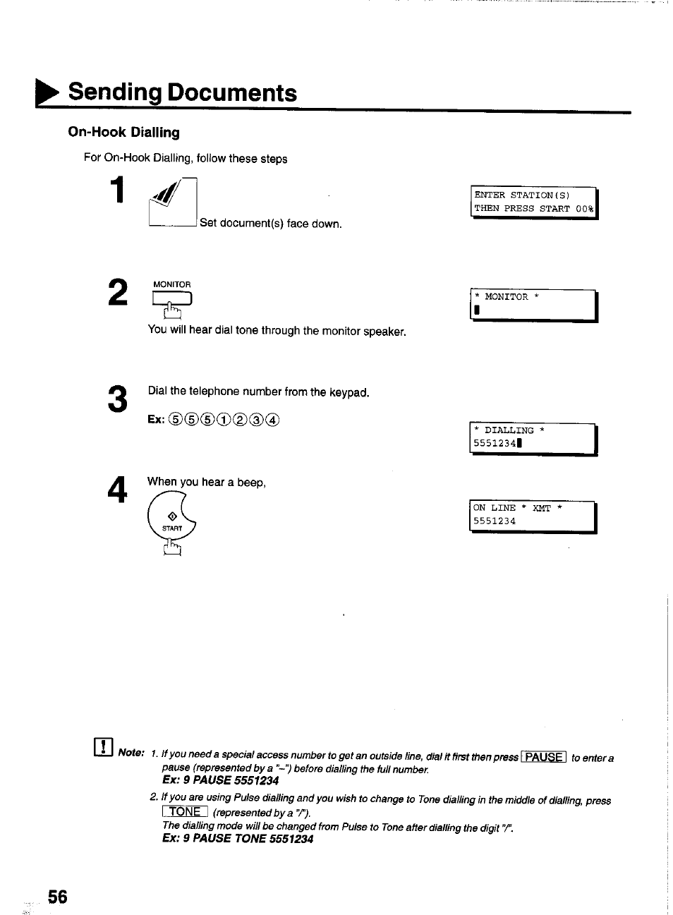 On-hook dialling, On-hook diaiiing, Sending documents | Panasonic PANAFAX UF-550 User Manual | Page 58 / 180