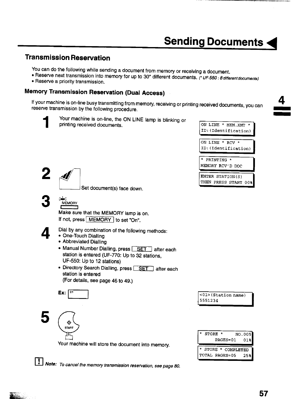 Memory transmission reservation (dual access), Sending documents | Panasonic PANAFAX UF-550 User Manual | Page 59 / 180