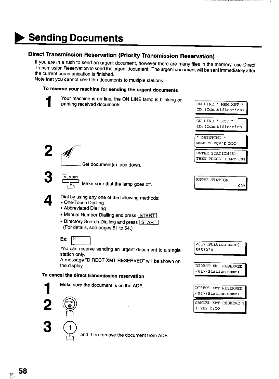 To cancel the direct transmission reservation, Sending documents | Panasonic PANAFAX UF-550 User Manual | Page 60 / 180