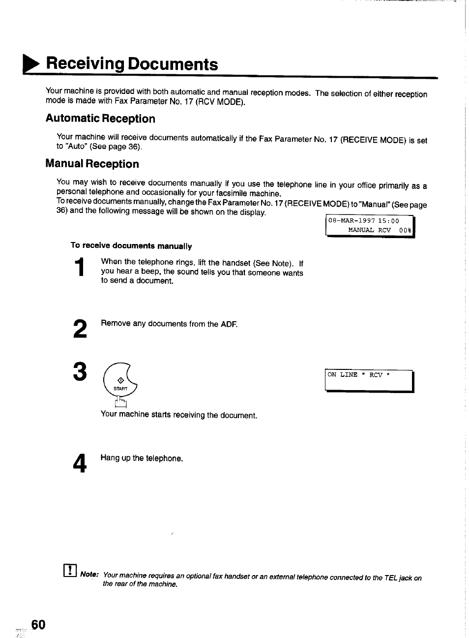 To receive documents manually, Receiving documents | Panasonic PANAFAX UF-550 User Manual | Page 62 / 180