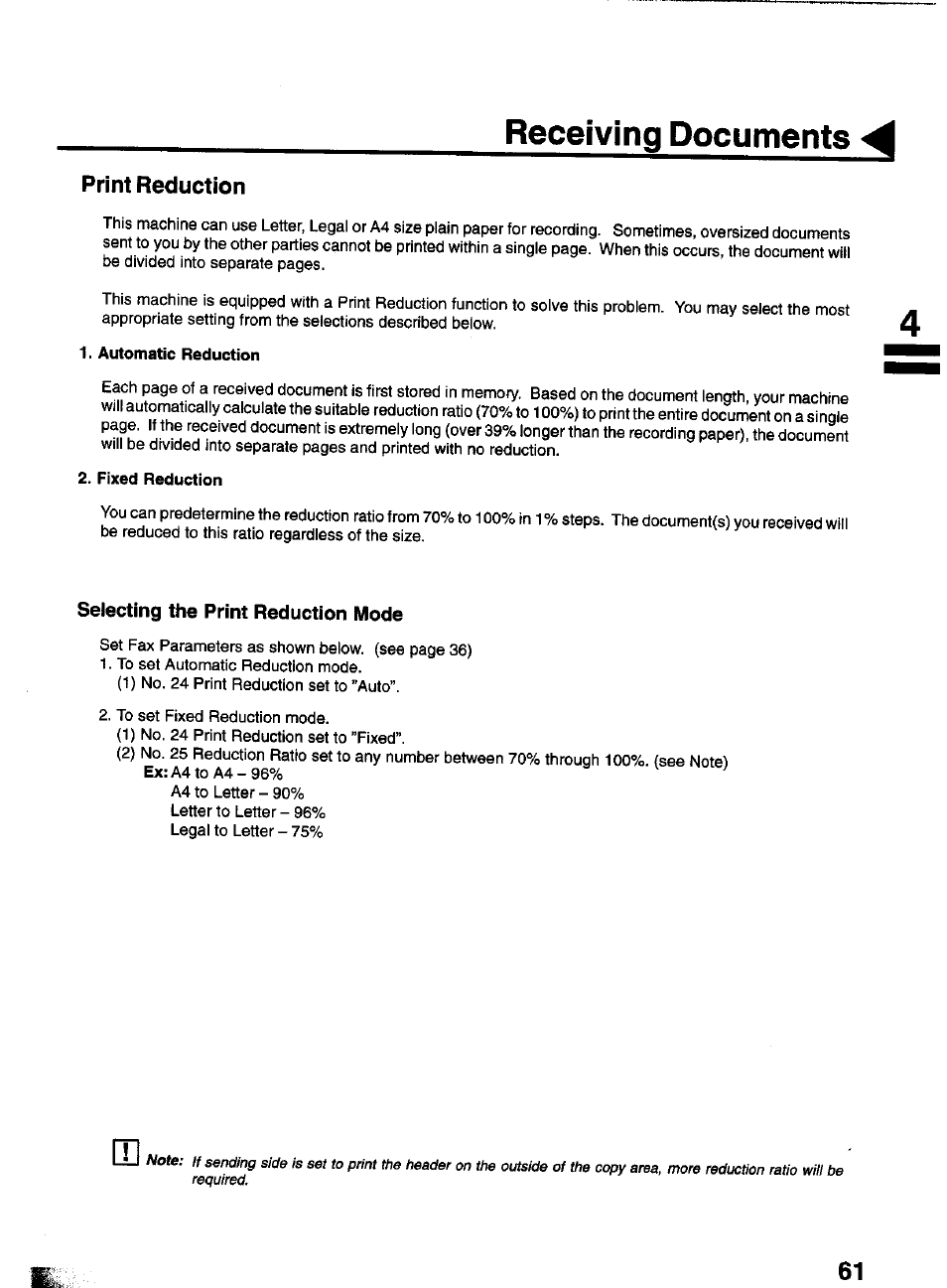 Automatic reduction, Fixed reduction, Selecting the print reduction mode | Automatic reception, Receiving documents | Panasonic PANAFAX UF-550 User Manual | Page 63 / 180