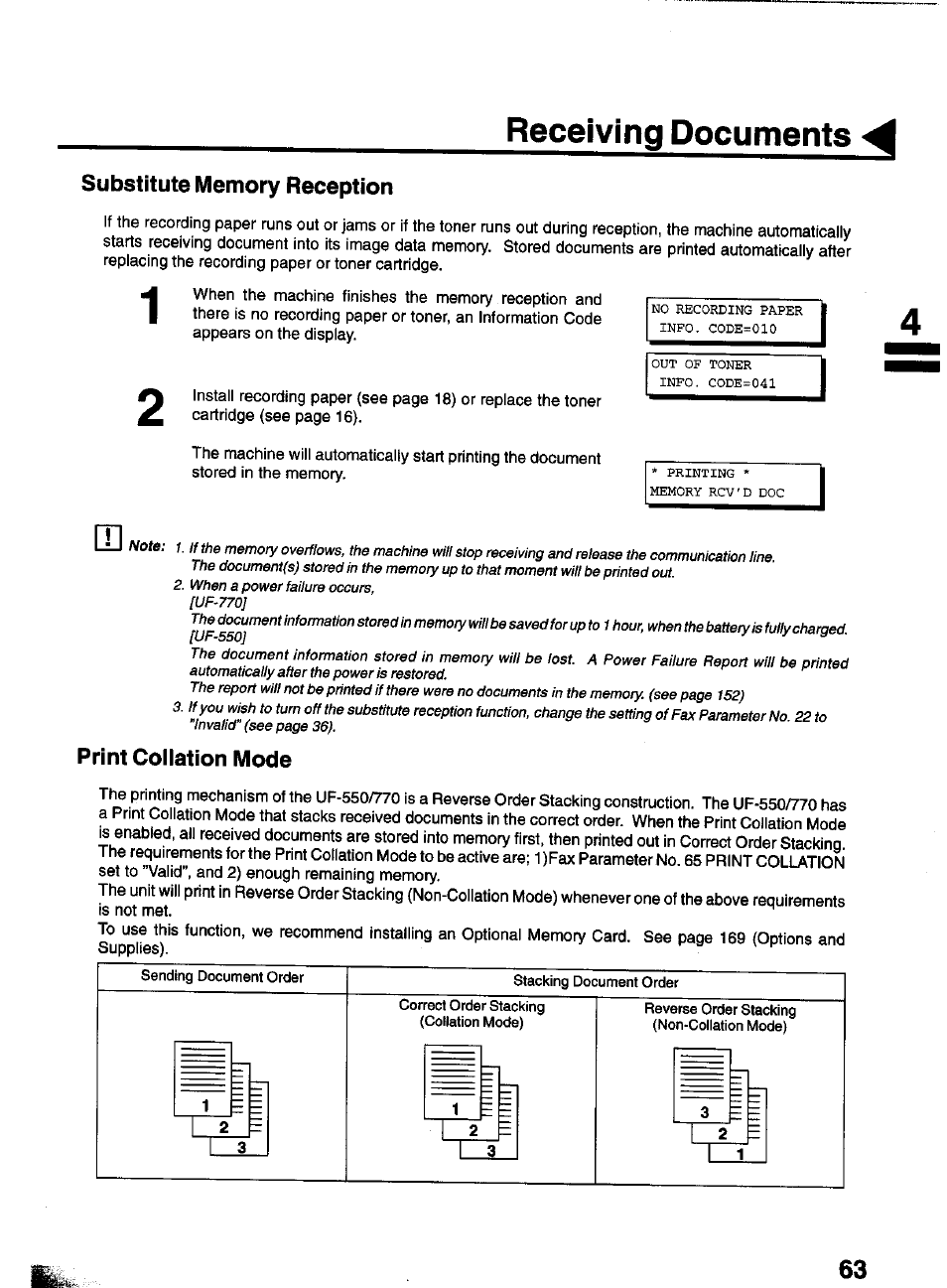 Receiving documents | Panasonic PANAFAX UF-550 User Manual | Page 65 / 180