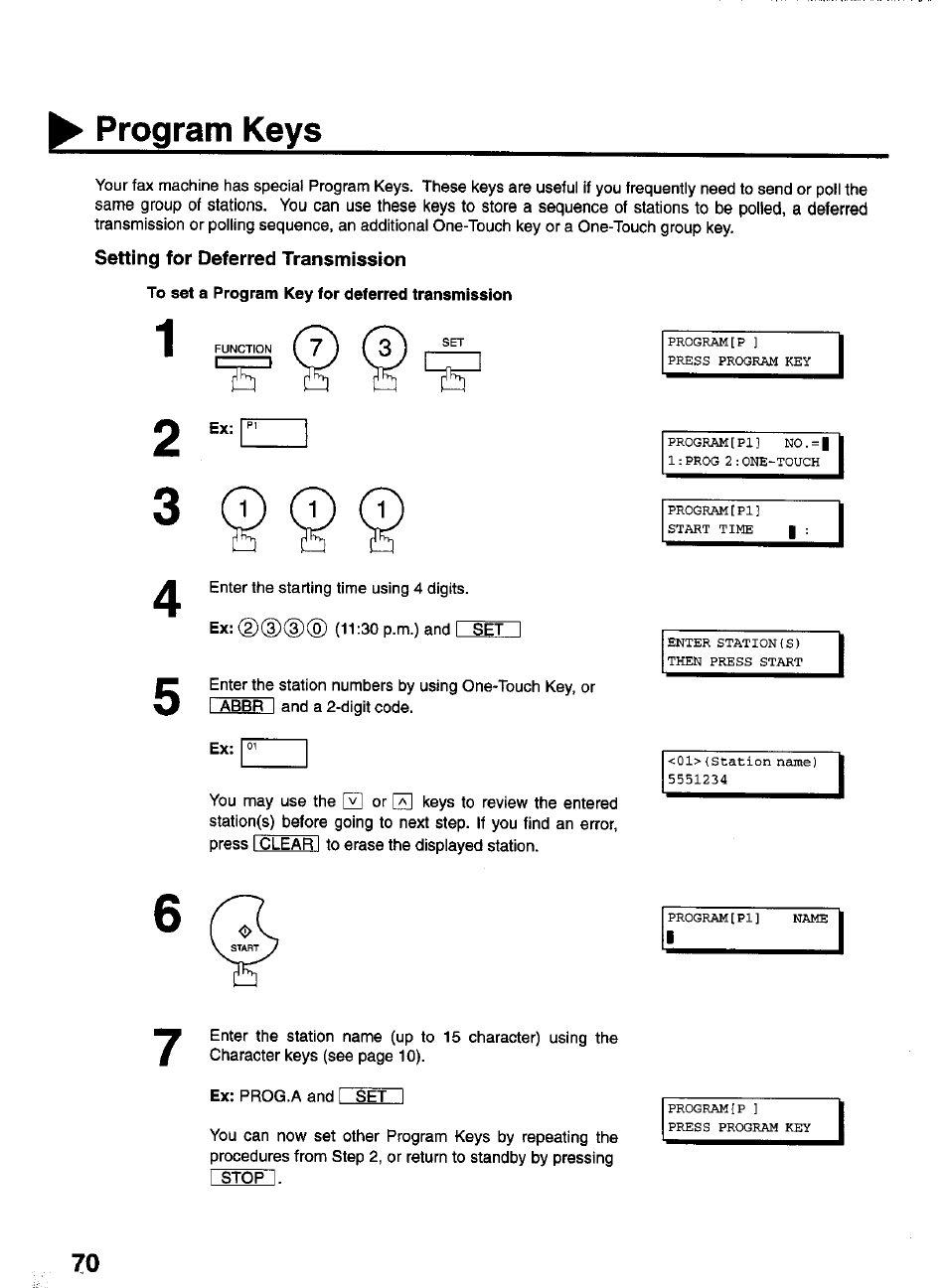 Setting for deferred transmission, To set a program key for deferred transmission, Program keys | Panasonic PANAFAX UF-550 User Manual | Page 72 / 180