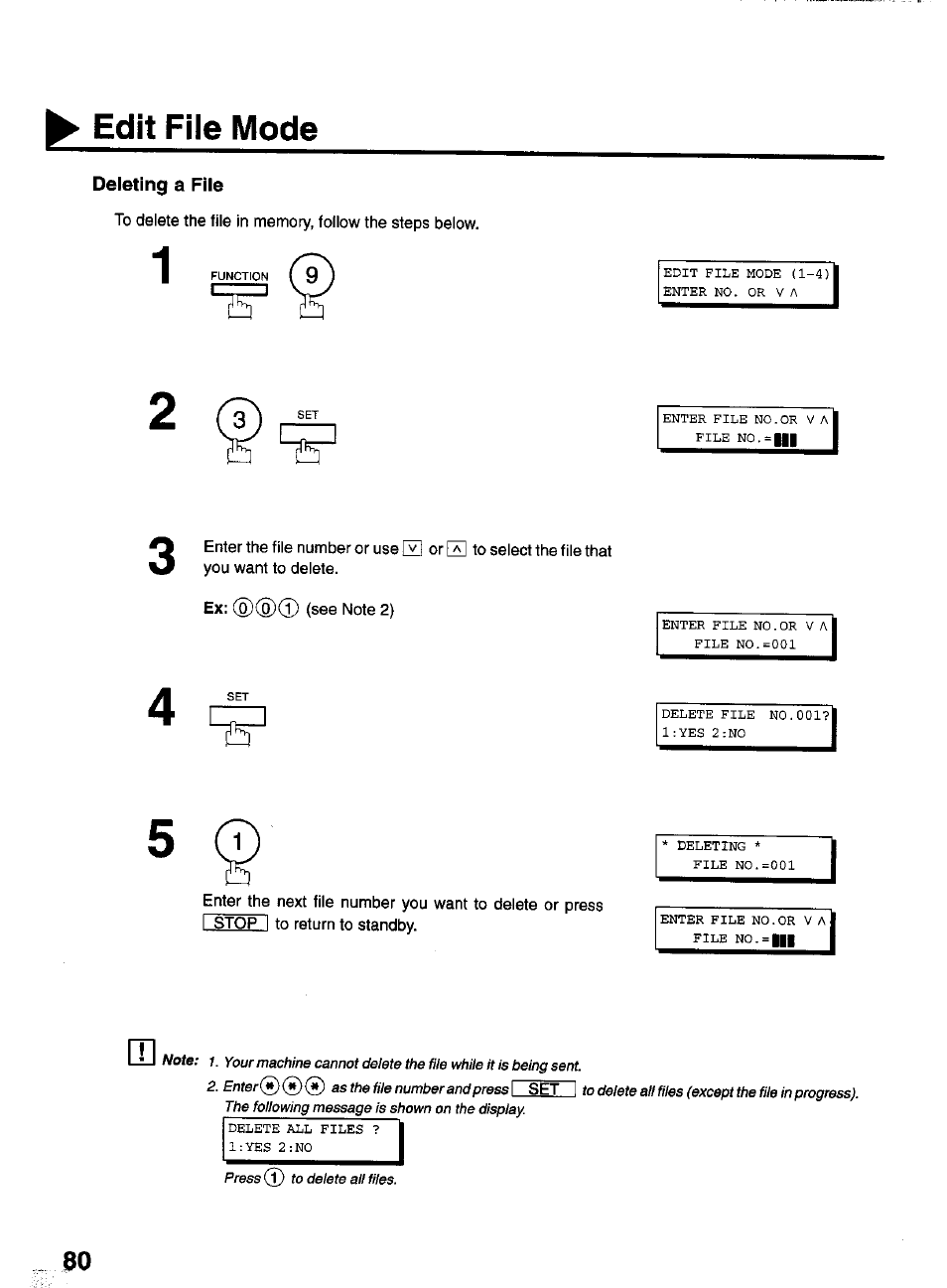 Deleting a file, Edit file mode | Panasonic PANAFAX UF-550 User Manual | Page 82 / 180