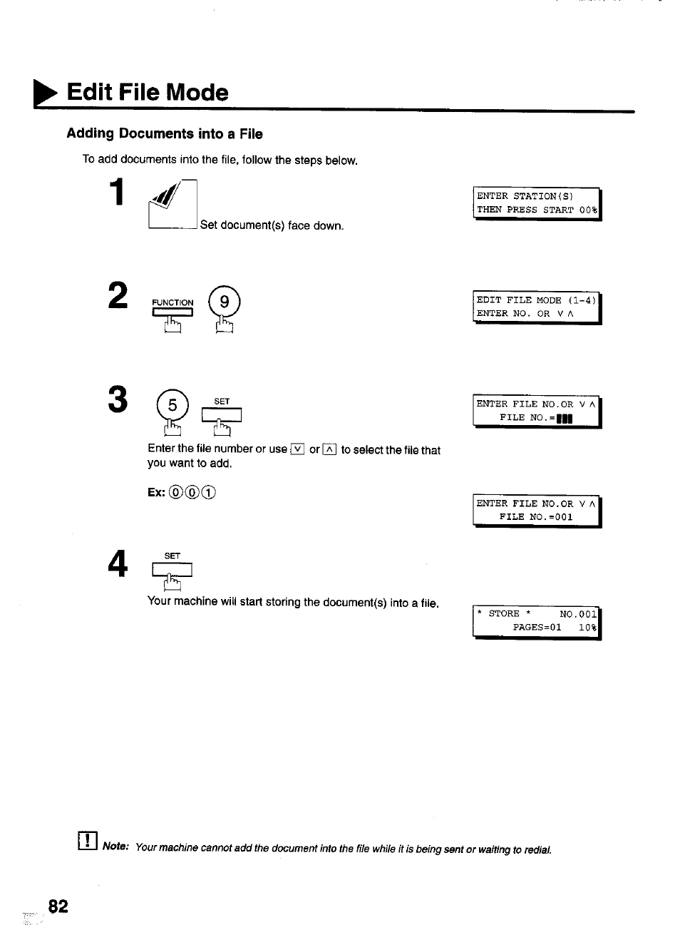 Adding documents into a file, Edit file mode | Panasonic PANAFAX UF-550 User Manual | Page 84 / 180