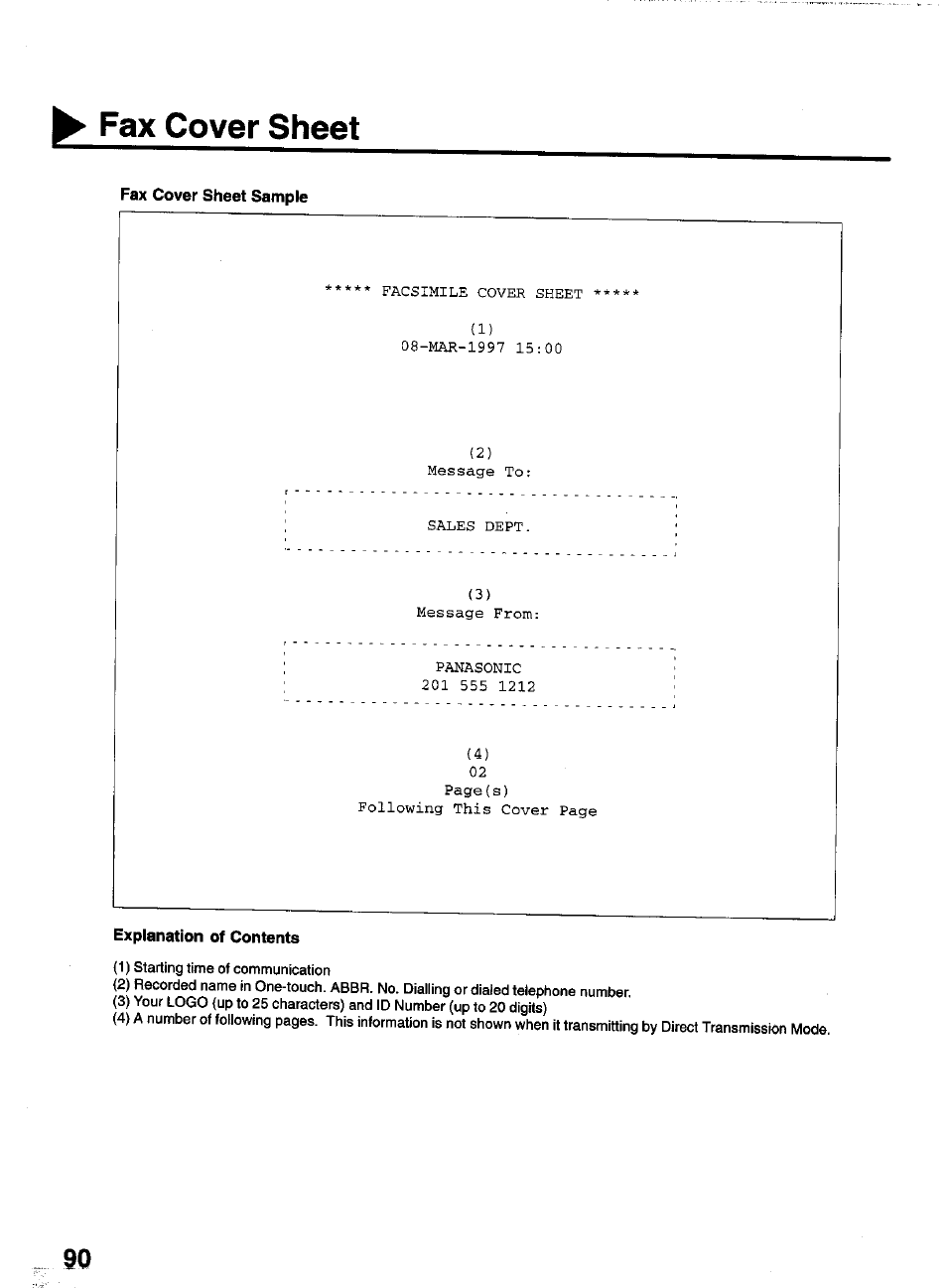 Fax cover sheet sample, Explanation of contents, Fax cover sheet | Panasonic PANAFAX UF-550 User Manual | Page 92 / 180