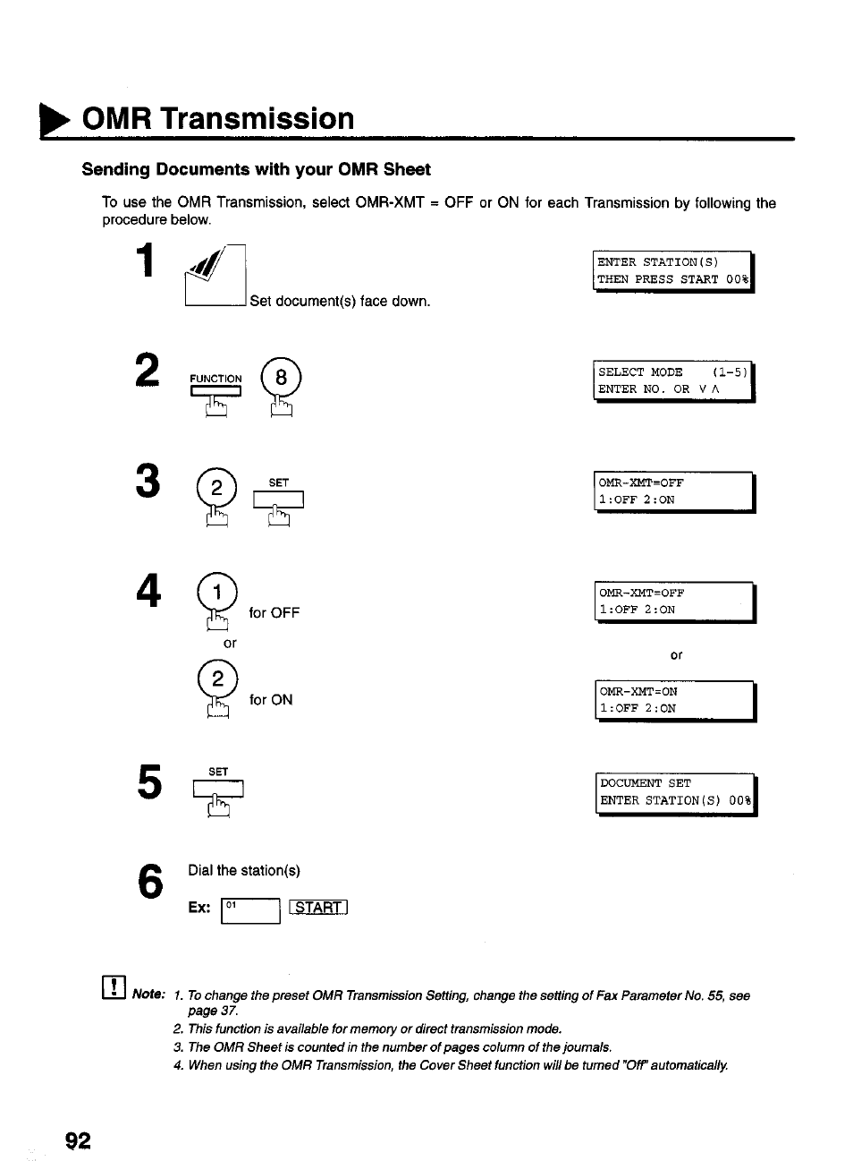 Sending documents with your omr sheet, Omr transmission | Panasonic PANAFAX UF-550 User Manual | Page 94 / 180