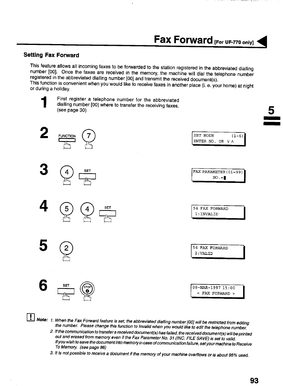 Setting fax forward, Fax forward | Panasonic PANAFAX UF-550 User Manual | Page 95 / 180