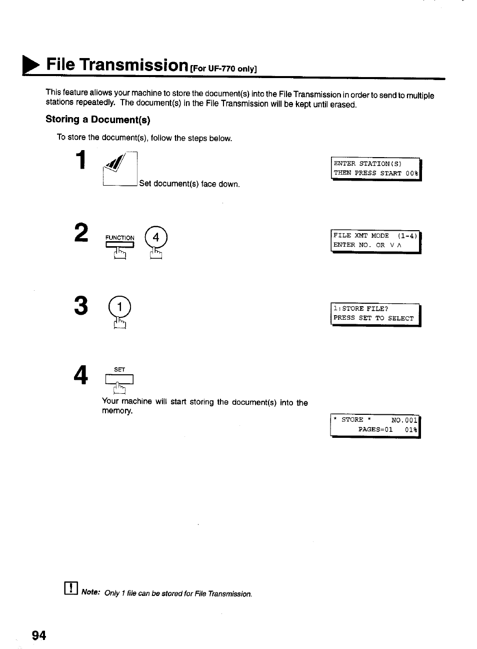 Storing a document(s), File transmission [for uf-770 | Panasonic PANAFAX UF-550 User Manual | Page 96 / 180